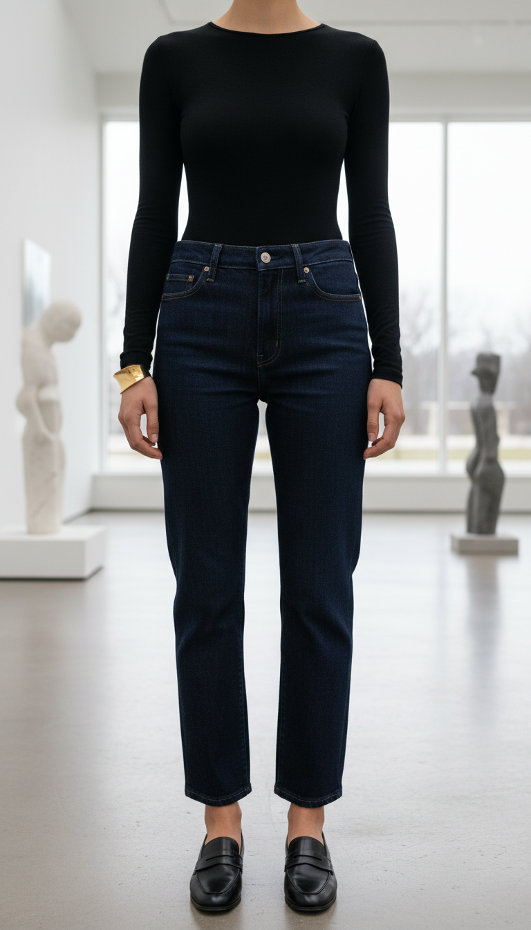 Elegant minimalist outfit with dark indigo barrel leg jeans and black bodysuit in modern interior