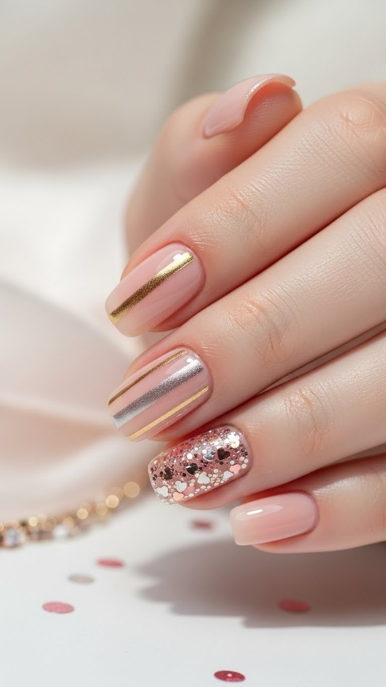 Elegant nude gel nails with gold stripes and glitter accents for Valentine's Day manicure