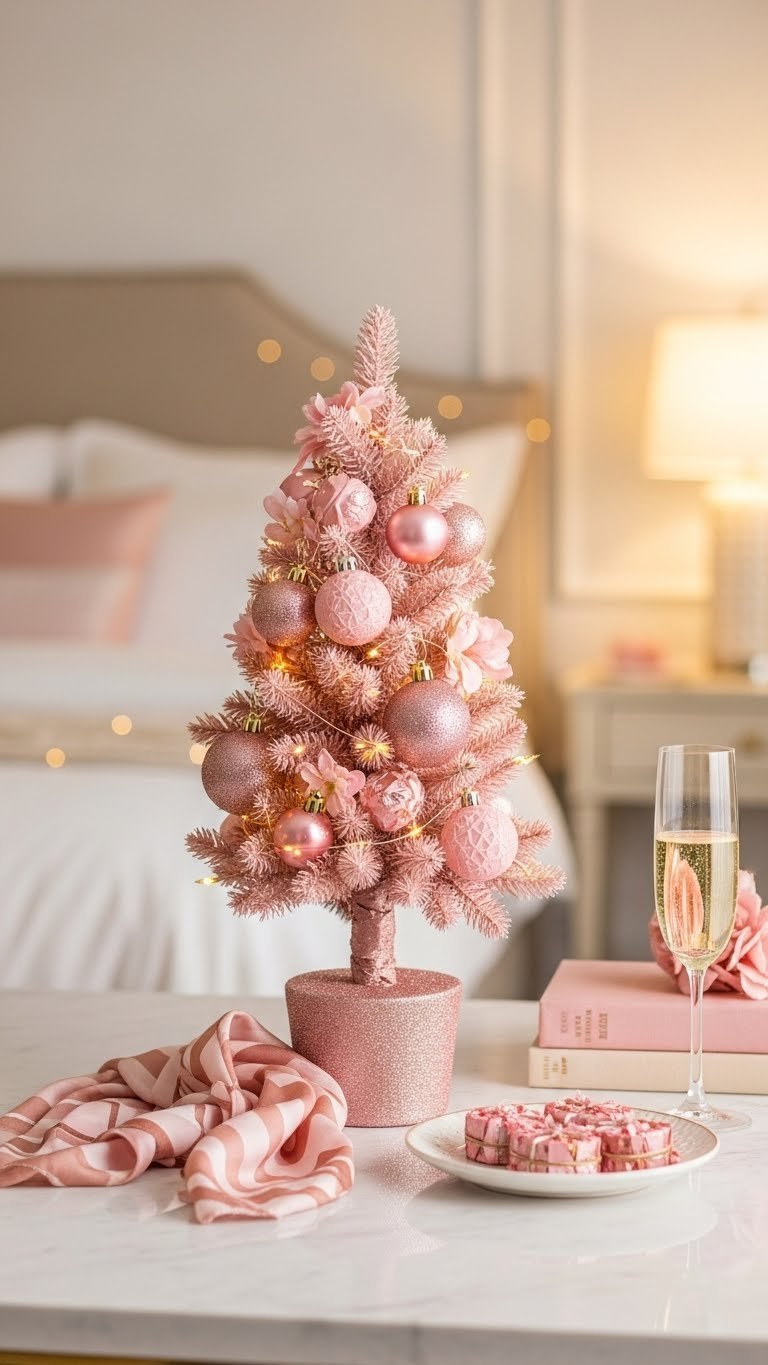 Elegant pink and gold mini Valentine's tree with fairy lights on polished marble countertop
