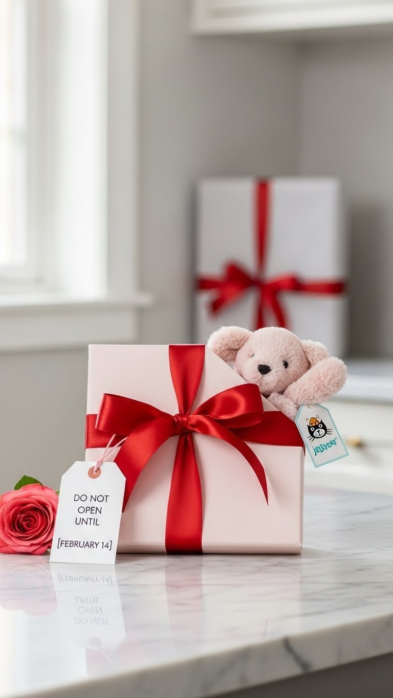 Elegant pink gift box with red satin ribbon and Jellycat plush fabric peeking out on marble countertop