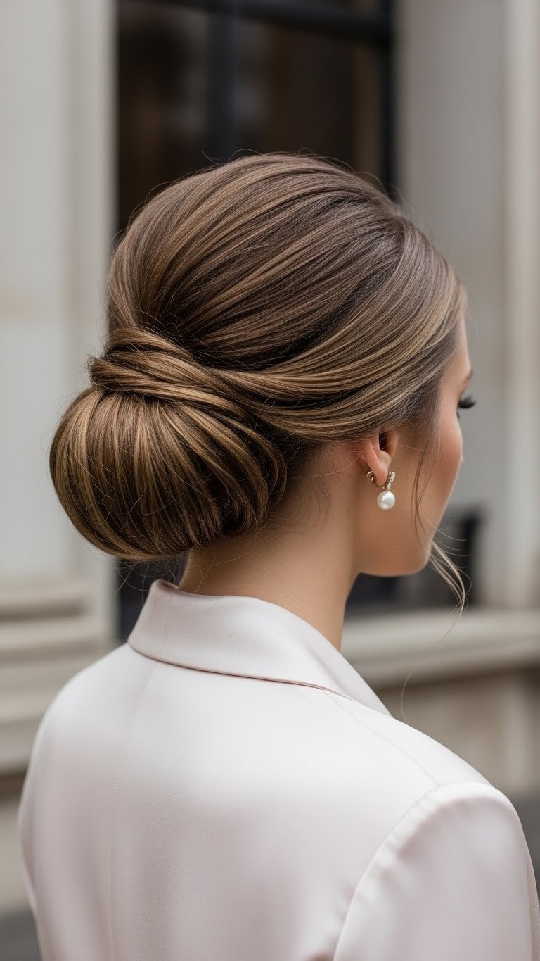 Elegant polished low bun updo with face-framing pieces for sophisticated look
