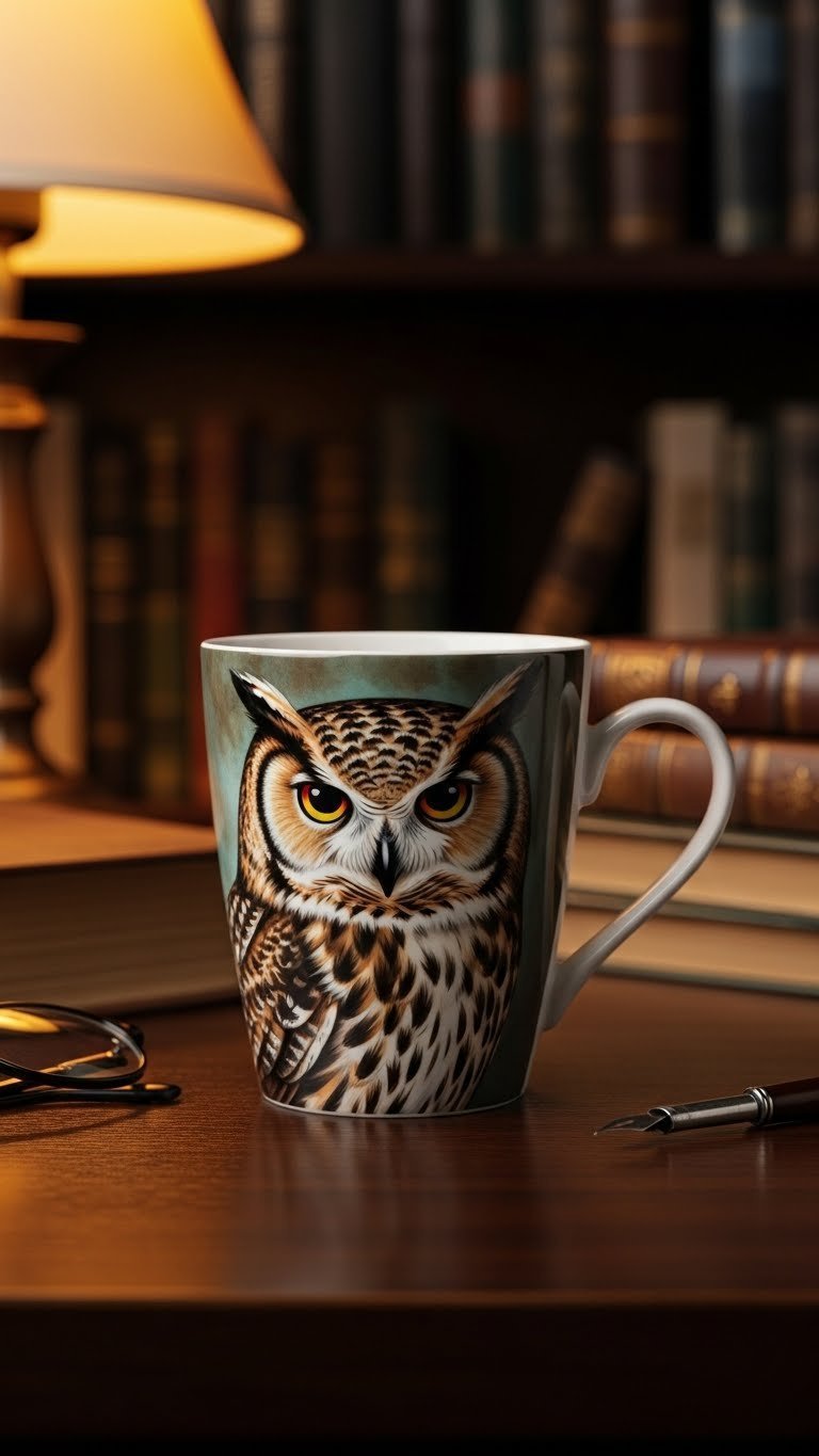 Elegant porcelain mug featuring majestic hand-painted owl artwork against polished dark wood surface