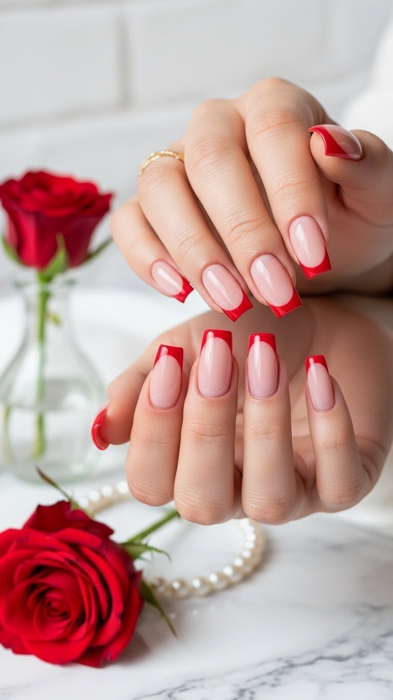 Elegant red French tip square nails on nude base with marble surface and soft bokeh background