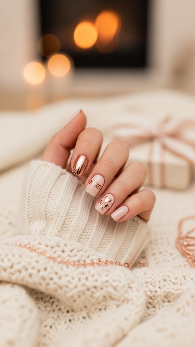 Elegant rose gold XOXO accents on neutral cream nails with charm details against warm knitted blanket background.
