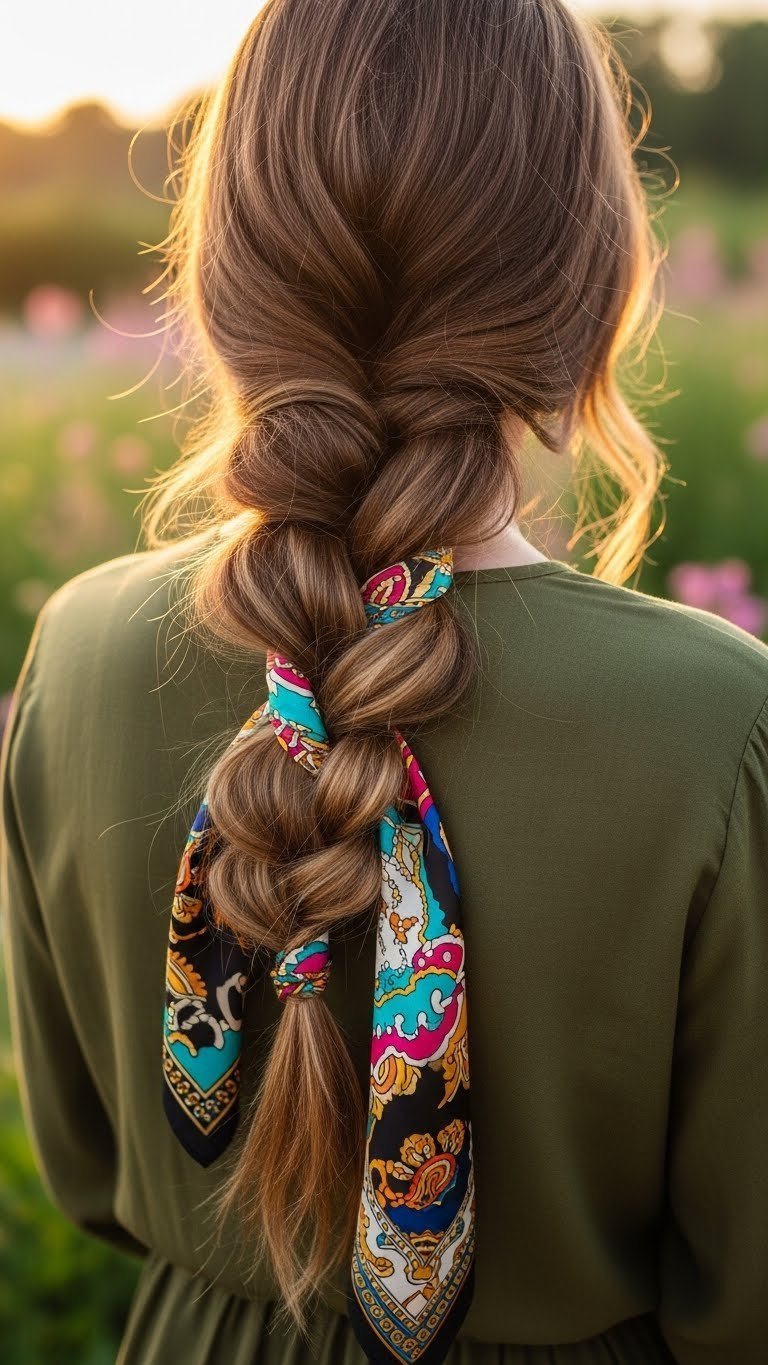 Elegant scarf braid hairstyle with colorful silk scarf woven through wavy hair against natural outdoor backdrop