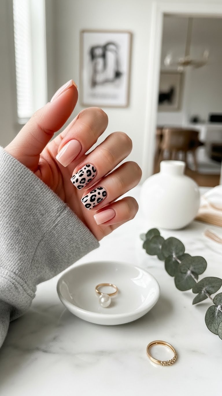 Elegant short square nails featuring nude base with subtle black leopard accent nails on marble countertop