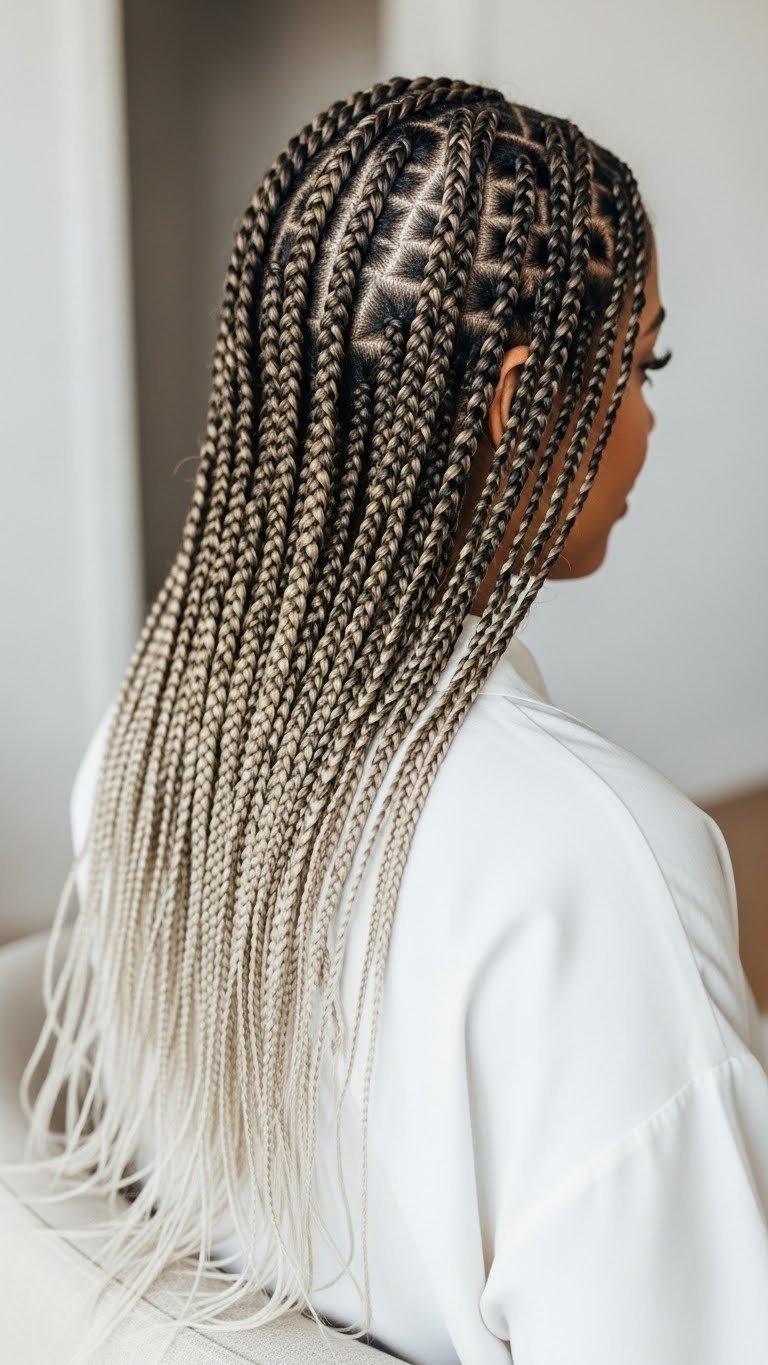 Elegant side-swept lemonade braids with defined cornrow patterns and sleek polished finish in bright daylight
