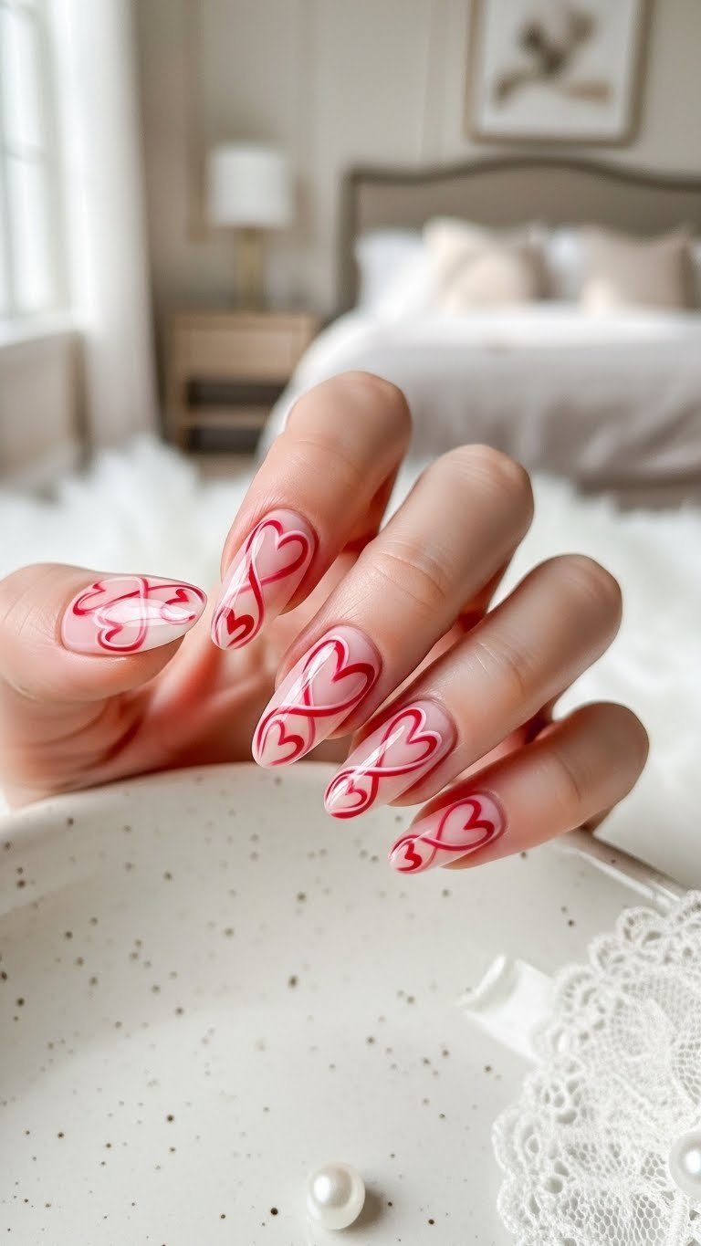 Elegant sweetheart swirl nails with milky pink base and interlocking ribbon-like designs