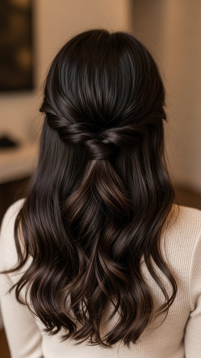 Elegant twisted half-up hairstyle with dark wavy hair secured at back against warm indoor setting with soft lighting