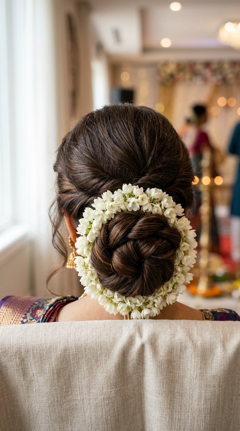 Elegant twisted low bun hairstyle adorned with white jasmine gajra flowers for traditional saree look with soft face-framing tendrils