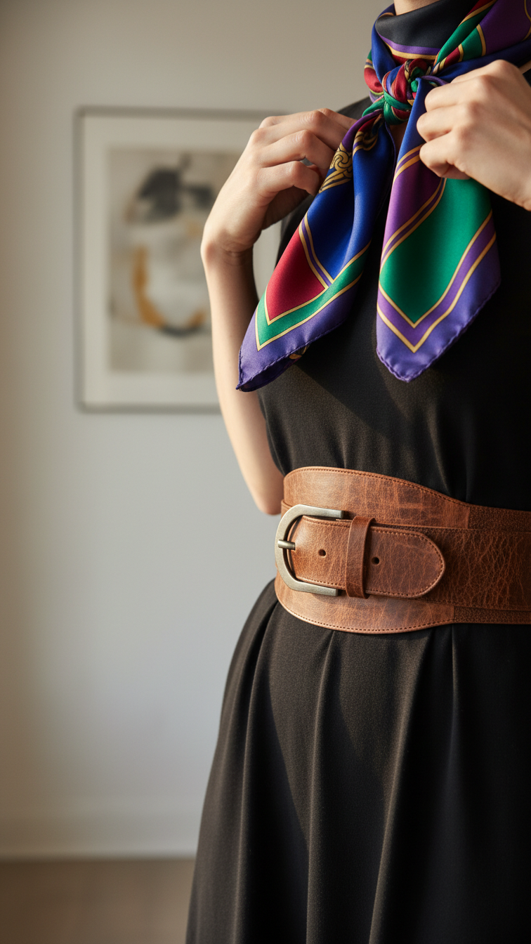 Elegant upcycled black dress transformed with wide leather belt and colorful silk scarf tied at the neck.