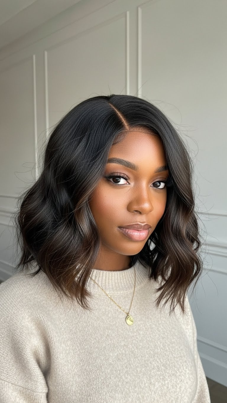 Elegant wavy bob hairstyle on a black woman showcasing movement and volume with soft natural window lighting.