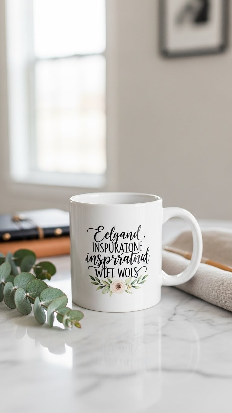 Elegant white ceramic mug with black calligraphy quote and floral accent on marble countertop with eucalyptus sprig and journal