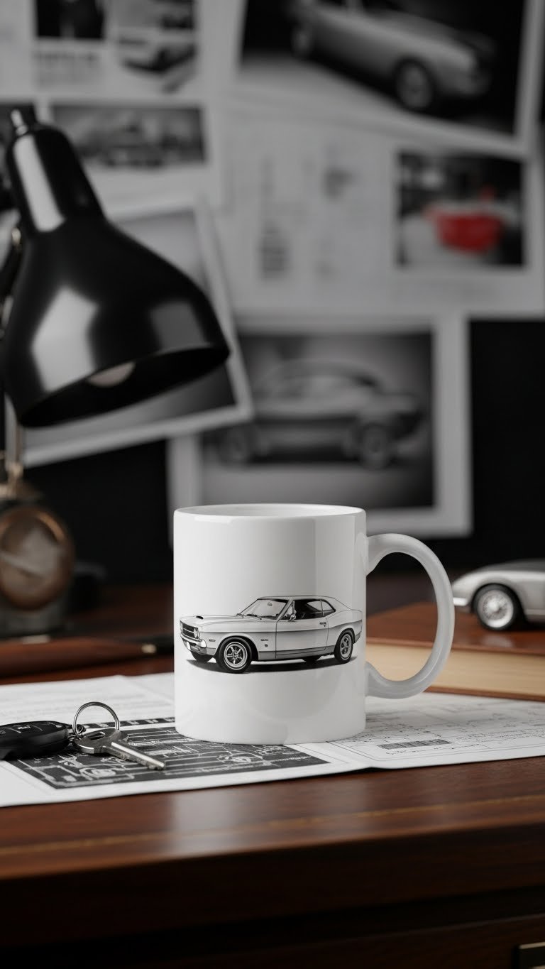 Elegant white ceramic mug with vintage car illustration on polished dark wood desk surface