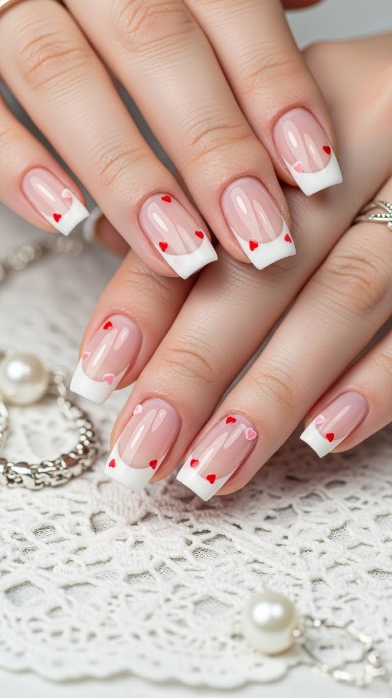 Elegant white french tip nails with subtle red heart accents on translucent pink base against white lace cloth