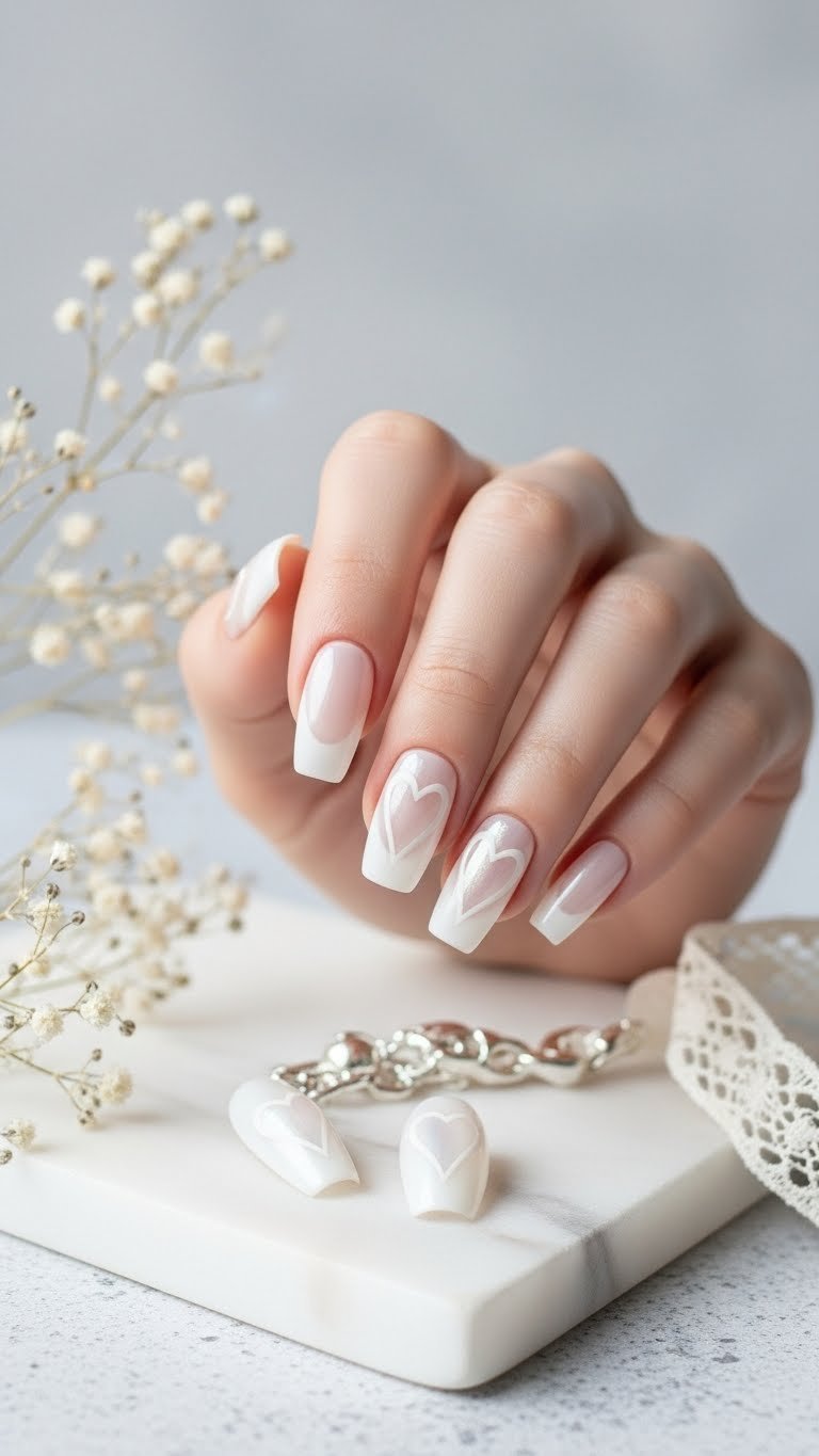 Elegant white pearl cat eye heart nail polish on marble slab with silver accents and minimalist styling