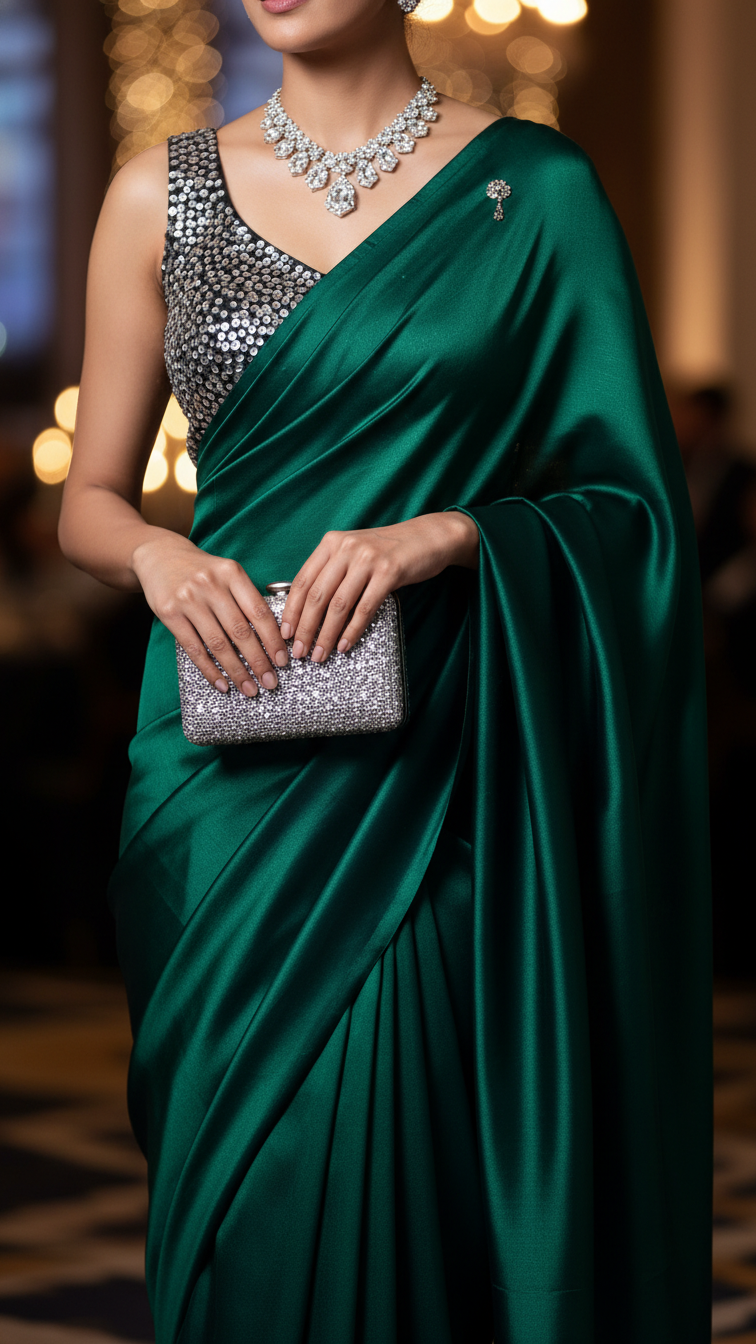 Elegant woman in deep emerald green satin saree with sequin blouse and diamond necklace at upscale party setting