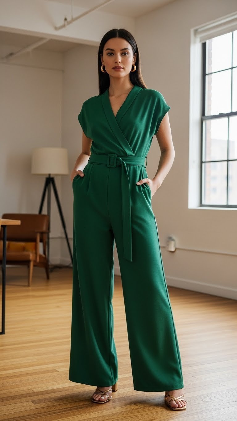 Elegant woman in forest green belted jumpsuit standing in minimalist loft apartment with gold hoop earrings