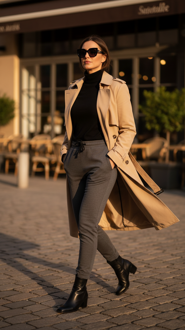 Elegant woman in trench coat and dark grey sweatpants walking through European cobblestone street at golden hour