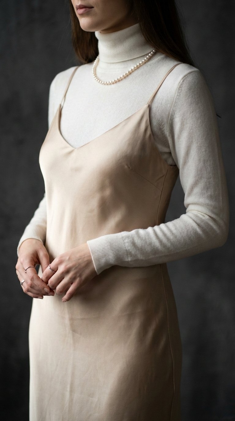 Elegant woman wearing champagne silk slip dress layered over white cashmere turtleneck with pearl necklace