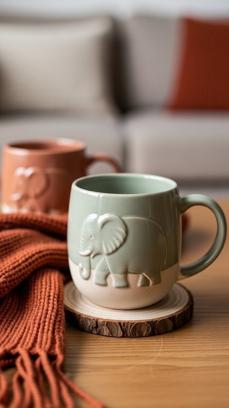 Embossed ceramic elephant mug with raised texture and hand-painted accents on rustic wooden table