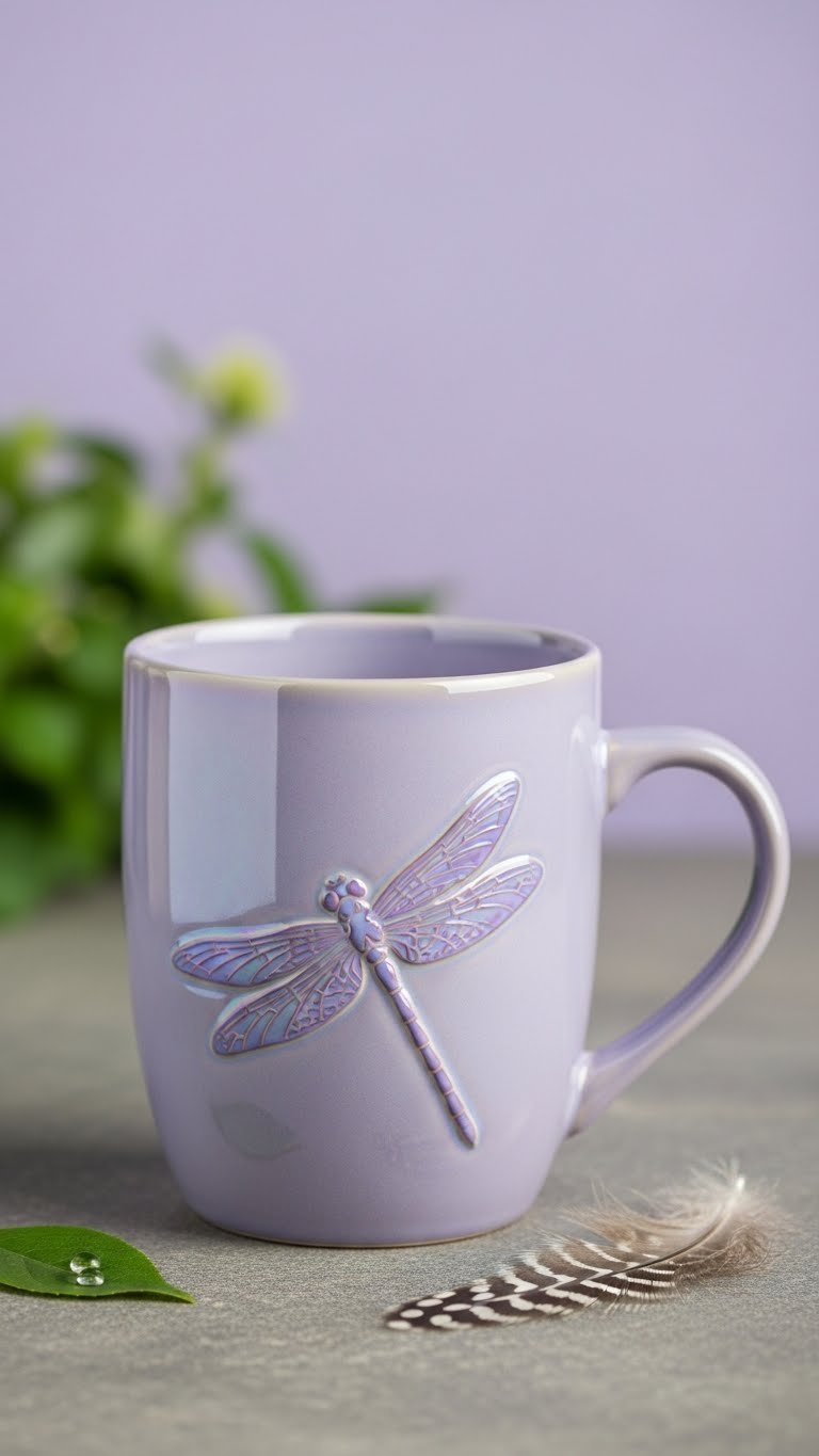 Embossed dragonfly purple ceramic mug with iridescent finish on stone surface in serene garden setting