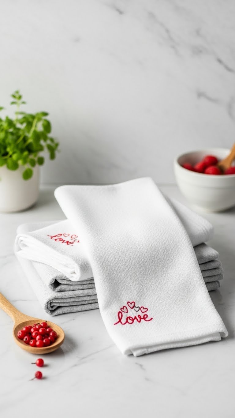 Embroidered kitchen towels with love stitch heart designs stacked on marble countertop with fresh herbs and berries.