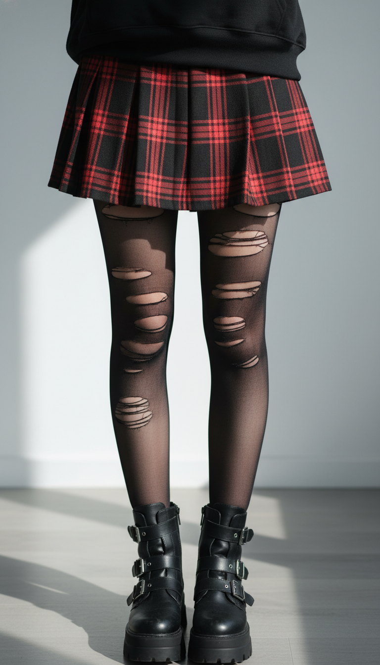 Emo fashion close-up of black and red plaid mini skirt over sheer ripped tights with chunky buckle boots against gray wall