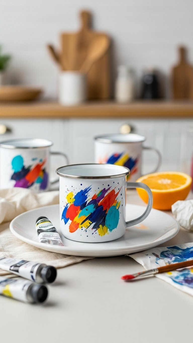 Enamel mug with vibrant abstract geometric pattern on white ceramic plate in contemporary kitchen setting