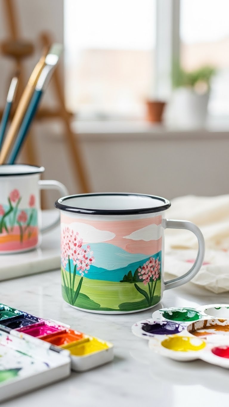 Enamel mug with whimsical hand-painted floral brushstroke illustration on marble countertop in bright art studio