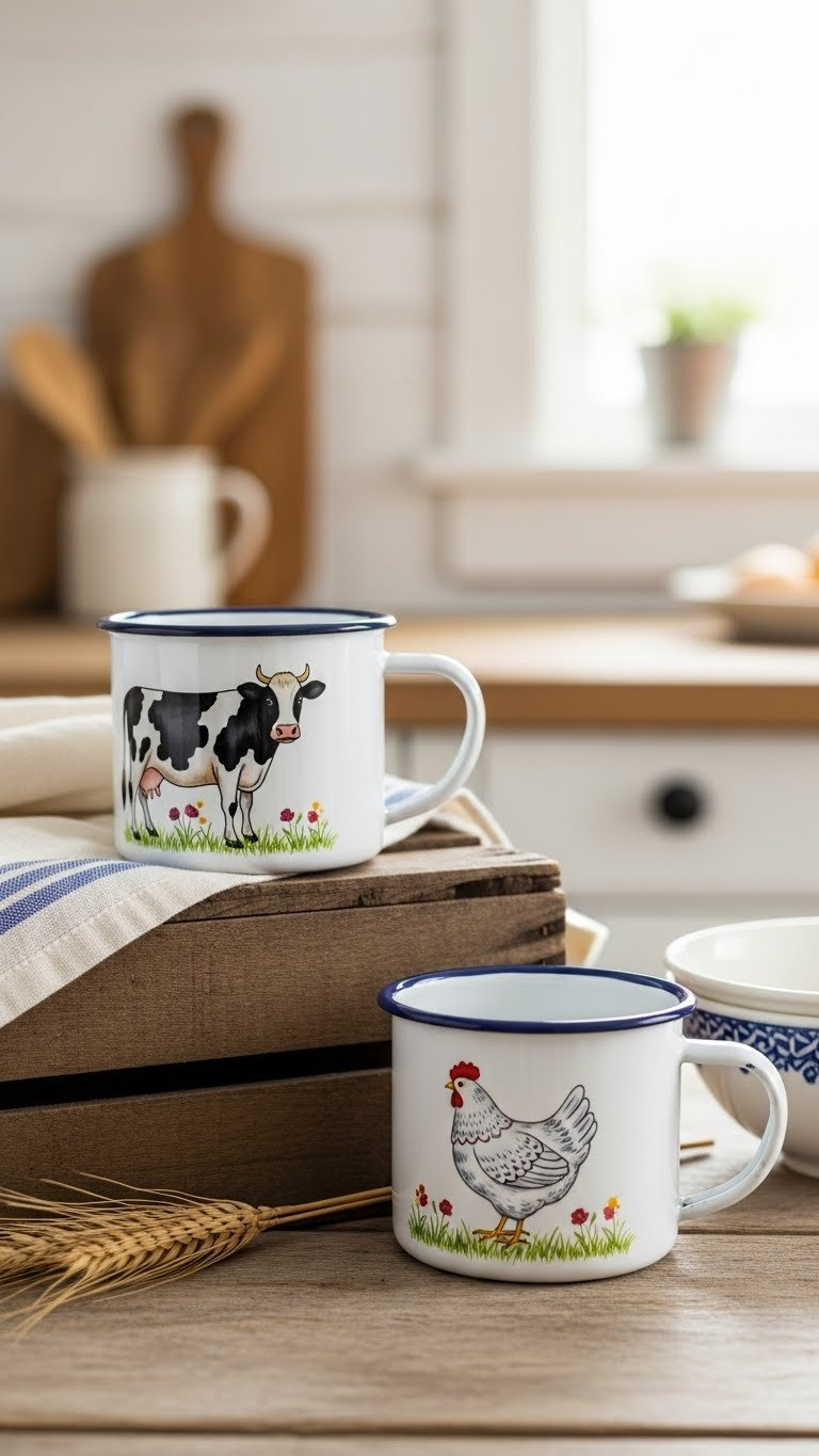 Enamel painted farm animal mugs featuring cow and chicken illustrations on rustic farmhouse table