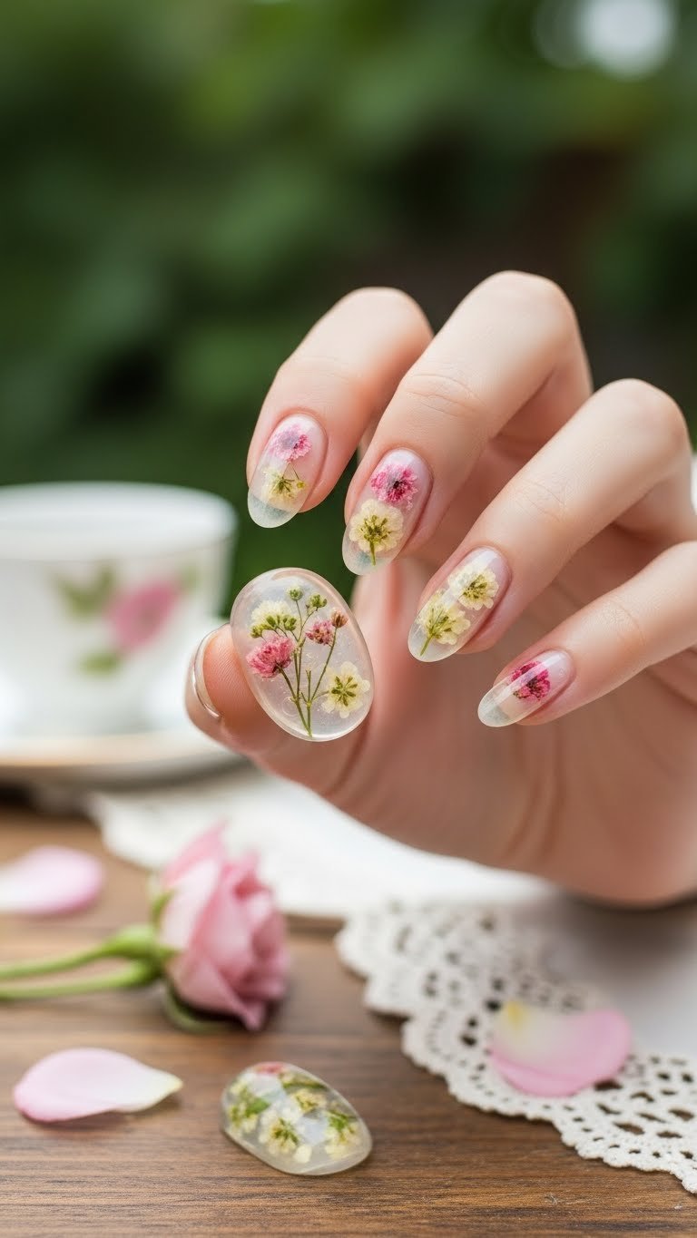 Encapsulated floral jelly nails with dried flowers suspended in translucent gel on rustic wooden table