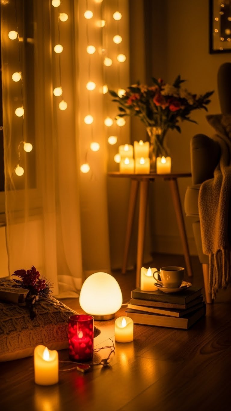 Enchanting romantic lighting with string lights and tea lights creating intimate Valentine's ambiance