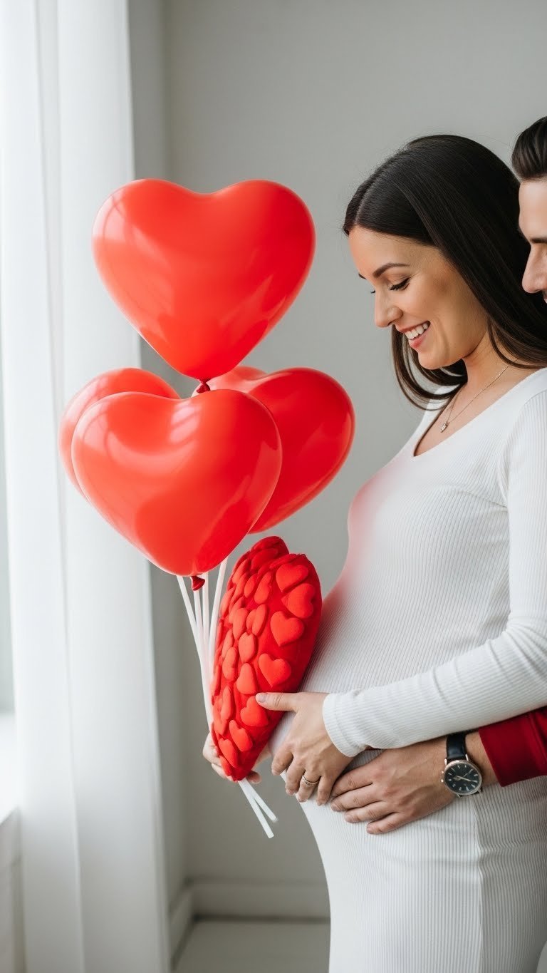 Expectant mother holding heart-themed prop against baby bump in minimalist studio maternity photoshoot