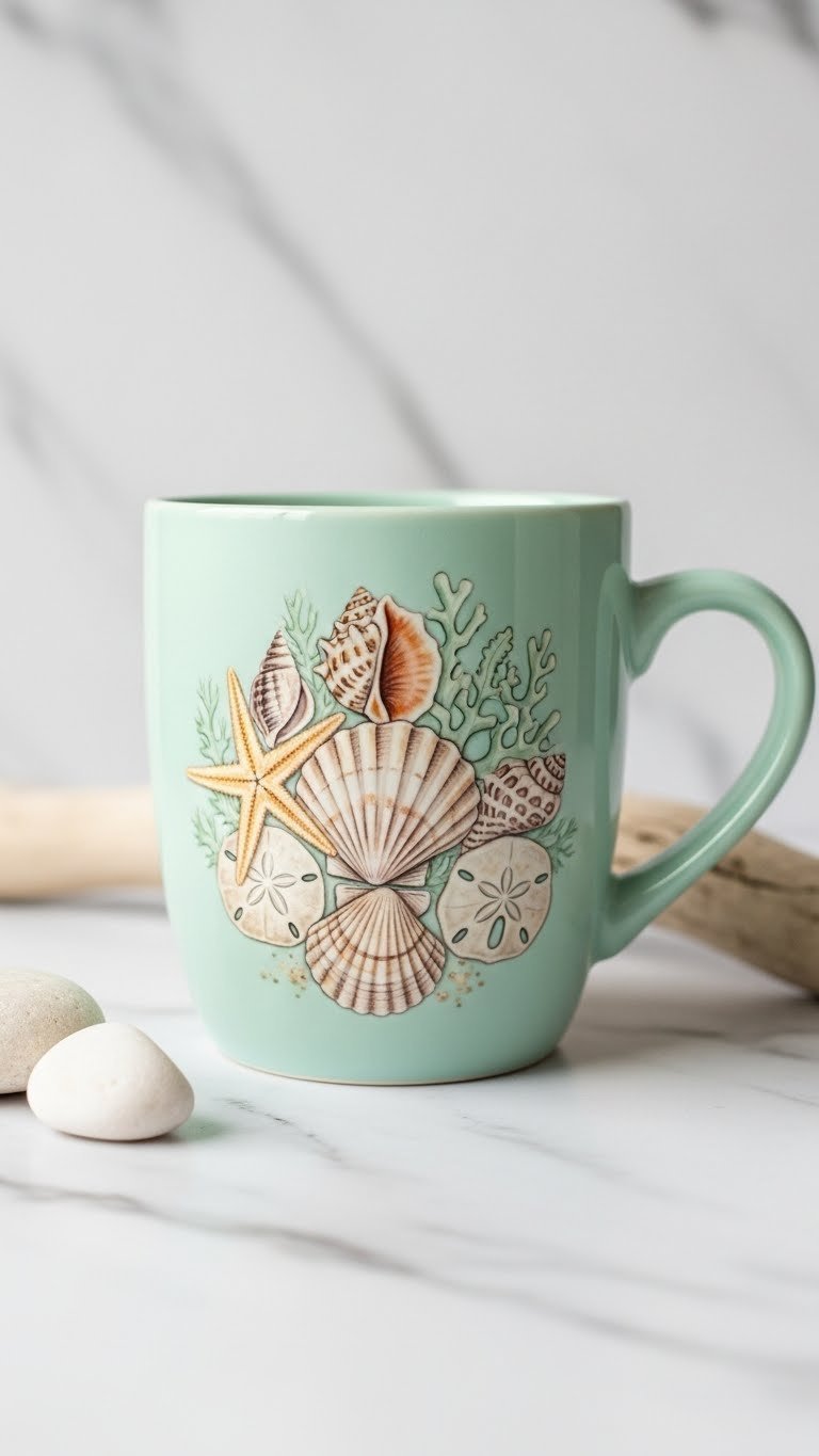 Eye-level close-up of pastel ceramic mug with delicate hand-painted seashells and starfish arrangement on marble countertop