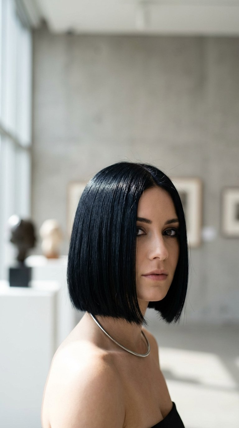 Eye-level portrait of sharp blunt bob with glossy dark hair against minimalist gray background