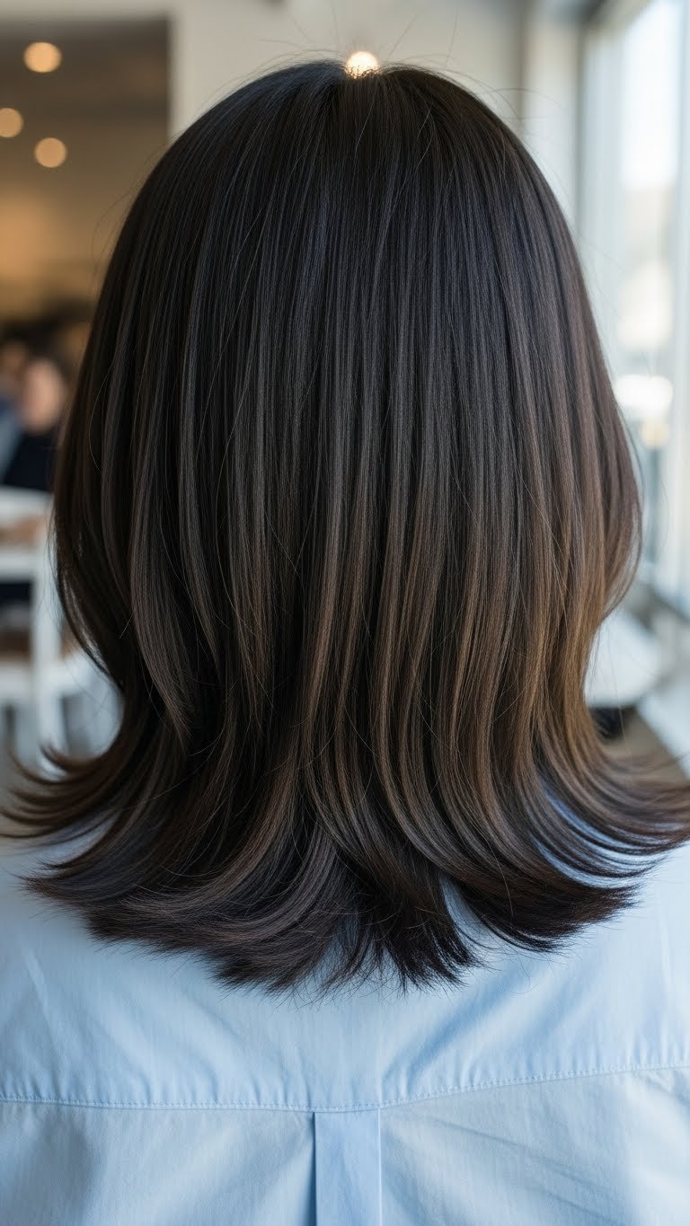Eye-level view of Kpop middle part hairstyle with sleek straight hair and subtle textured ends parted precisely down center