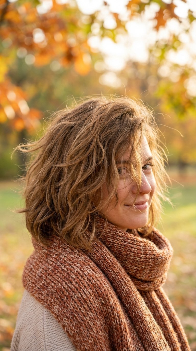 Eye-level view of messy layered cut with cascading layers and natural waves in autumn park