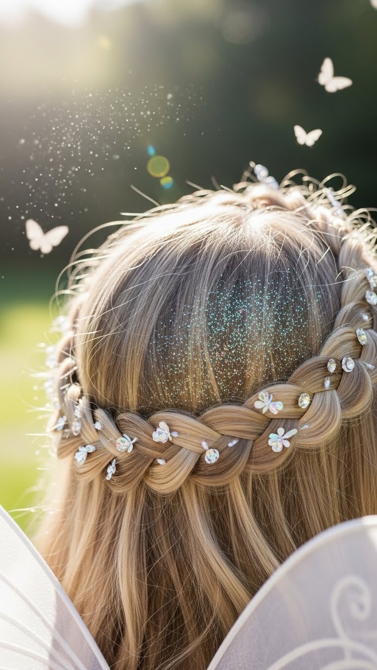 Fairy princess crown braid with glitter and sparkles against sun-dappled garden backdrop
