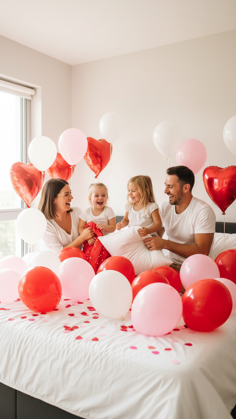 Family laughing on bed surrounded by colorful balloons during vibrant Valentine's photoshoot