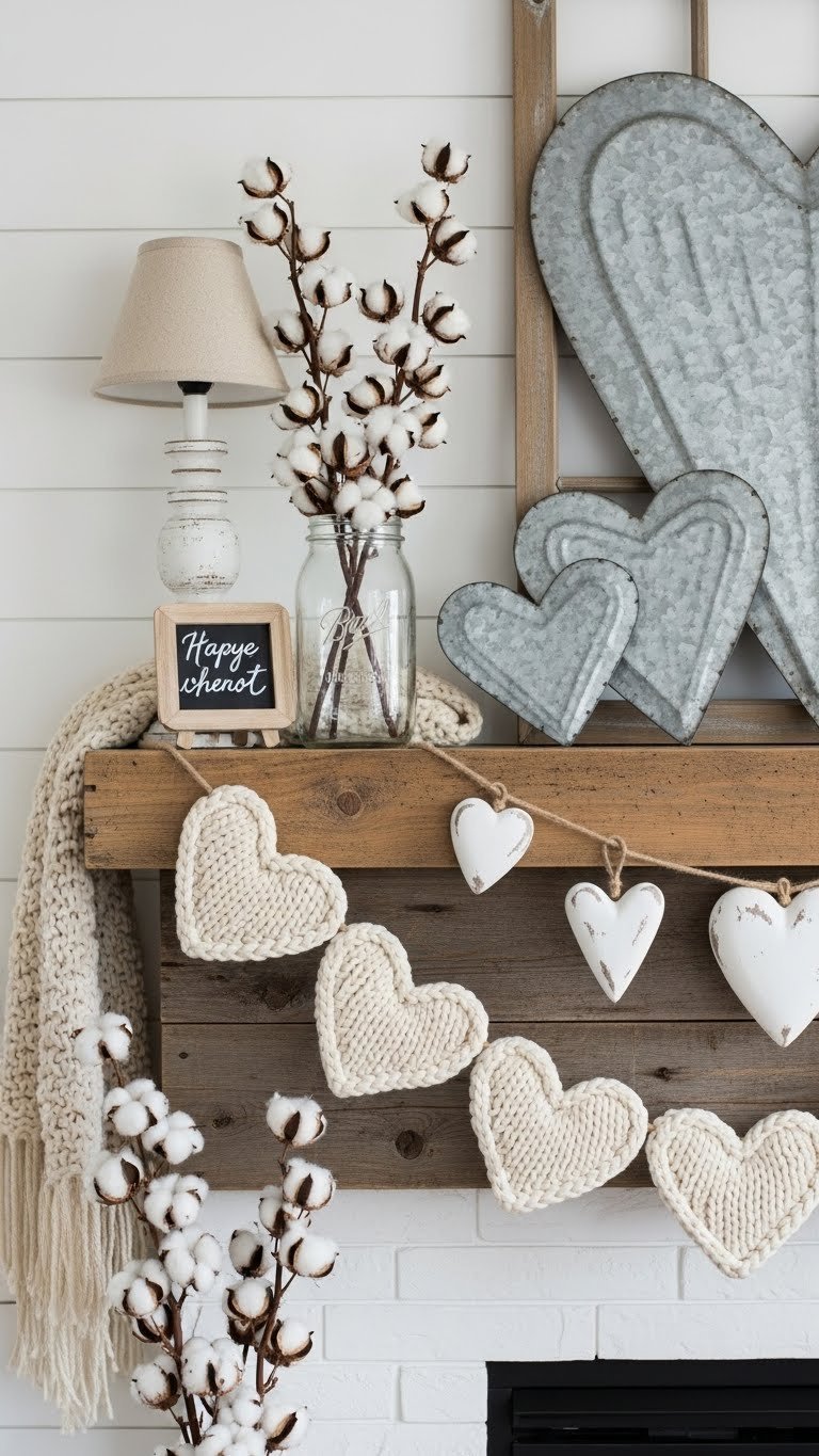 Farmhouse style Valentine mantle with chunky knit heart garland and galvanized metal hearts on wood mantel.