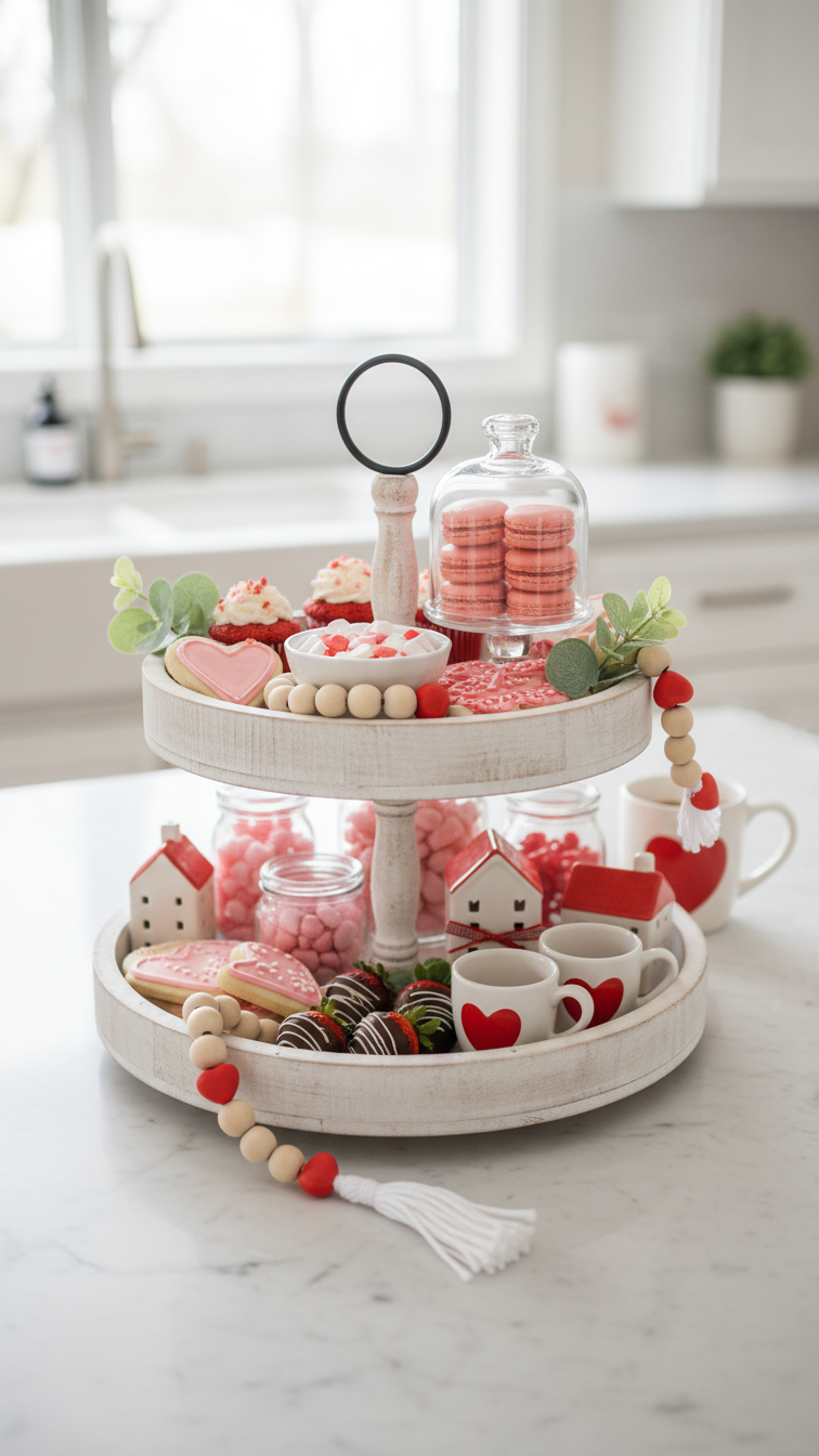 Farmhouse-style two-tiered tray with Valentine's decor including ceramic houses and heart mug on marble countertop