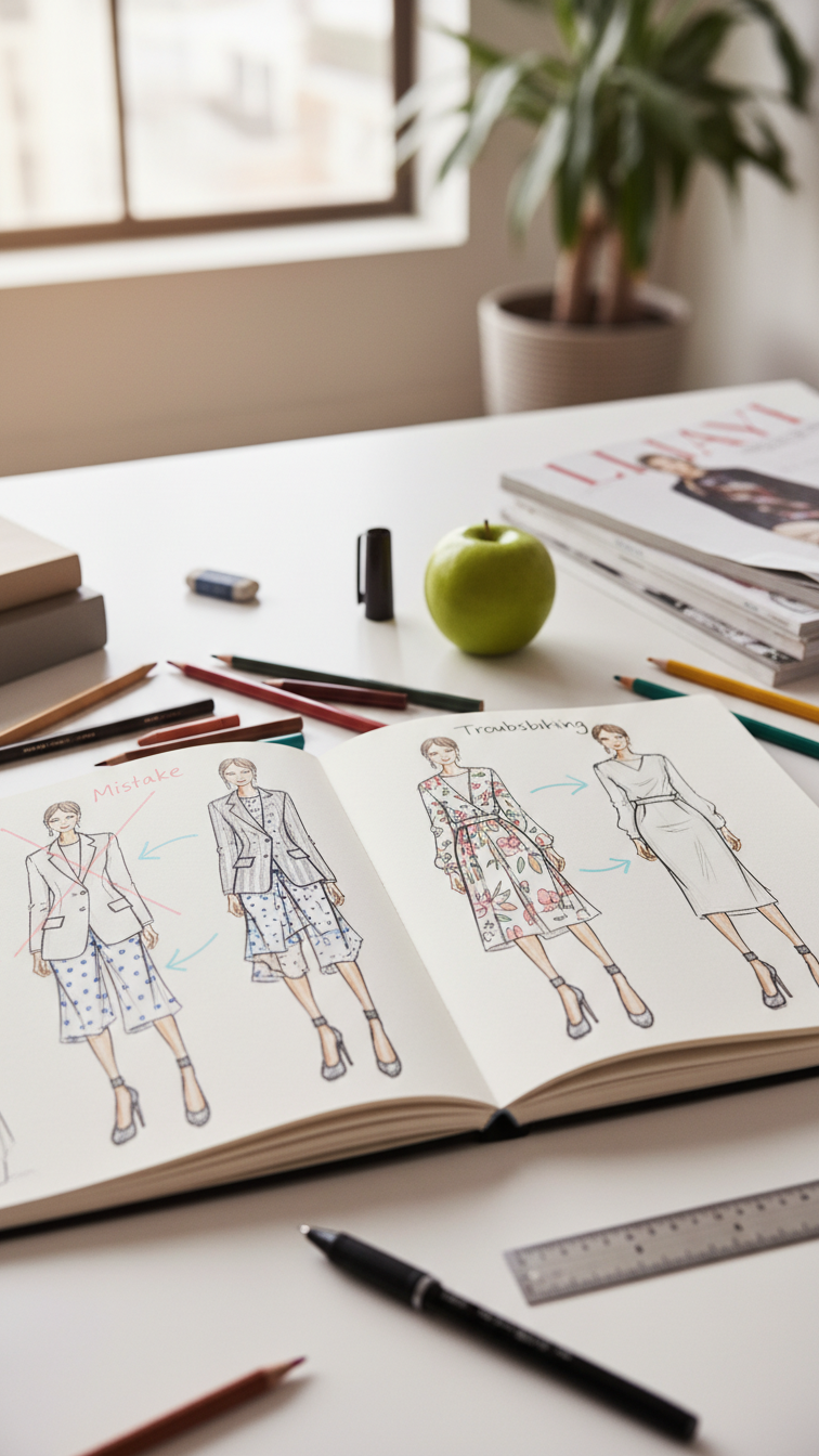 Fashion drawing troubleshooting showing common clothing design mistakes and correction techniques