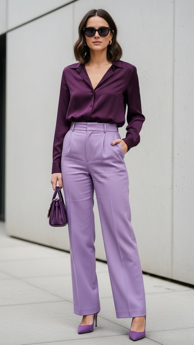 Fashion-forward individual wearing monochromatic purple outfit with plum blouse and lavender trousers against urban wall