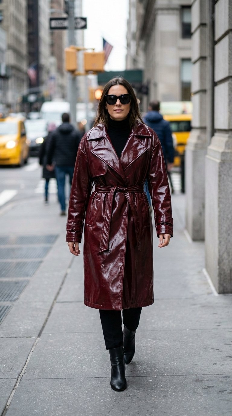 Fashion-forward woman walking in deep oxblood faux patent leather trench coat over all-black outfit