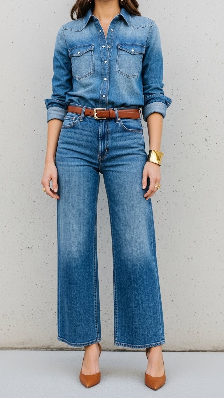 Fashion-forward woman wearing monochromatic denim shirt with wide-leg jeans against textured gray wall