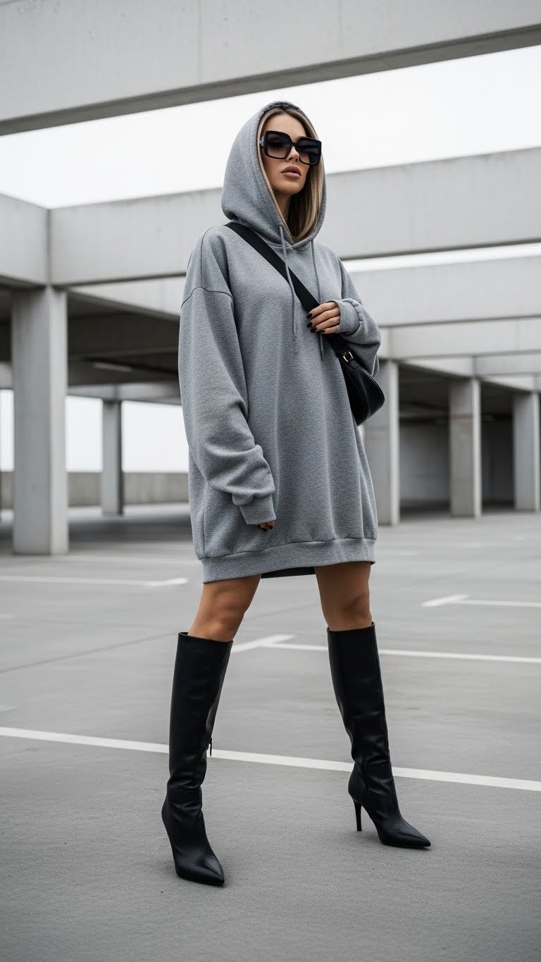 Fashion-forward woman wearing oversized gray hoodie as dress with black pointed-toe boots in concrete parking garage