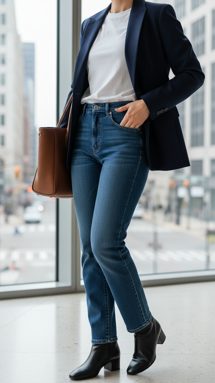 Fashionable business casual outfit featuring tailored beige blazer over white tee with high-waisted dark blue jeans and leather tote.