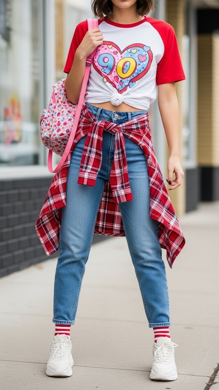 Fashionable model wearing retro 90s Valentine's outfit with chunky sneakers, graphic heart tee, and high-waisted jeans against soft bokeh background