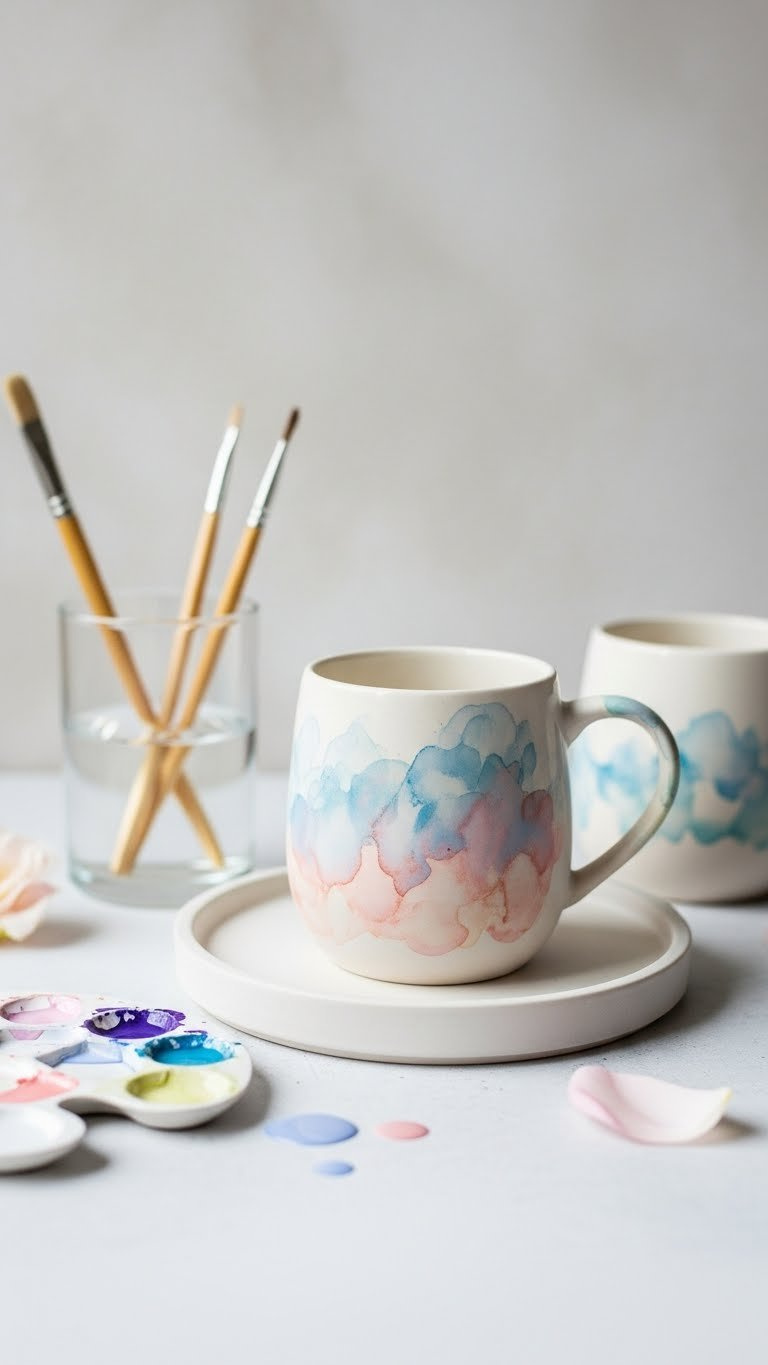 Faux watercolor painted ceramic mug with soft pastel washes on minimalist white tray